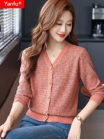 얀푸 100% 울 스웨터 여성 가을 ​​신상품 V넥 니트 카디건 숏 스웨터 재킷 패셔너블 아우터 탑 - 이미지 5