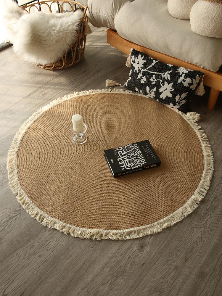 main_898906360473_0-1 북유럽 스타일 코튼 로프 짠 술 카펫 소녀 침실 침대 옆 담요 거실 원형 바닥 매트 발코니 싱글 의자 매트 - 이미지 1
