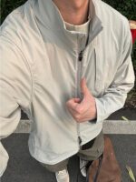 그레이 스탠드 칼라 숏 재킷 남성 가을 아웃도어 스트리트 소프트 쉘 재킷 고급 미국산 속건 재킷 - 이미지 3