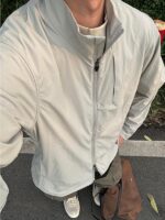 그레이 스탠드 칼라 숏 재킷 남성 가을 아웃도어 스트리트 소프트 쉘 재킷 고급 미국산 속건 재킷 - 이미지 5