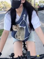 반려동물 외출 가방 싱글 숄더백 가슴 크로스바디백 고양이 강아지 소형견 휴대용 사이드백 사이클링 - 이미지 3