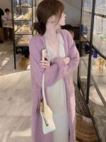 2025년 가을 겨울 신상 시크 심플 아우터 윈드브레이커 미디엄 렝스 레이지 스타일 퍼플 니트 스웨터 카디건 재킷