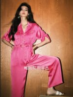 베이직 하우스/바이초메 레트로 모던 핑크 점프수트 여성 가을 ​​하이엔드 새틴 셔츠 점프수트