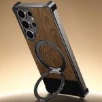 삼성 갤럭시 S25 울트라 모바일 폰 케이스 금속 자석 브래킷 케이스 S24 울트라 알루미늄 합금 방열 모바일 폰 케이스 S23 울트라 우드 그레인 가죽 보호 케이스 일반 가죽 고급 케이스에 적합합니다.