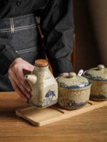 유약 아래 착색된 도자기 간장 냄비 식초 냄비 복고풍 도자기 양념 냄비 세트 국수 레스토랑 상업용 고추 붉은 기름 냄비 - 이미지 3