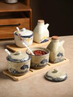 유약 아래 착색된 도자기 간장 냄비 식초 냄비 복고풍 도자기 양념 냄비 세트 국수 레스토랑 상업용 고추 붉은 기름 냄비 - 이미지 5