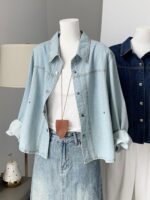 여성용 한국식 단색 데님 셔츠 재킷 2025년 초가을 신상 니치 루즈 슬리밍 다용도 탑