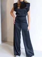 여성용 새틴 와이드 레그 점프수트 여성용 스탠드업 칼라 슬리브리스 새틴 와이드 레그 점프수트 - 이미지 2