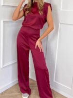 여성용 새틴 와이드 레그 점프수트 여성용 스탠드업 칼라 슬리브리스 새틴 와이드 레그 점프수트 - 이미지 3