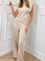 여성용 새틴 와이드 레그 점프수트 여성용 스탠드업 칼라 슬리브리스 새틴 와이드 레그 점프수트 - 이미지 4