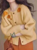 독특하고 세련된 꽃 자수 노화 방지 스웨터 재킷 디자인 싱글 브레스트 니트 가디건 스타일리시한 긴팔 탑