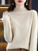 피부감촉 스웨터, 솔기 없는 니트 카디건, 가을 겨울 여성용 하프 하이 칼라, 느슨한 바텀, 다용도