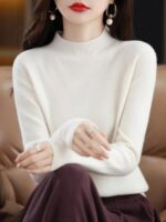 피부감촉 스웨터, 솔기 없는 니트 카디건, 가을 겨울 여성용 하프 하이 칼라, 느슨한 바텀, 다용도 - 이미지 3