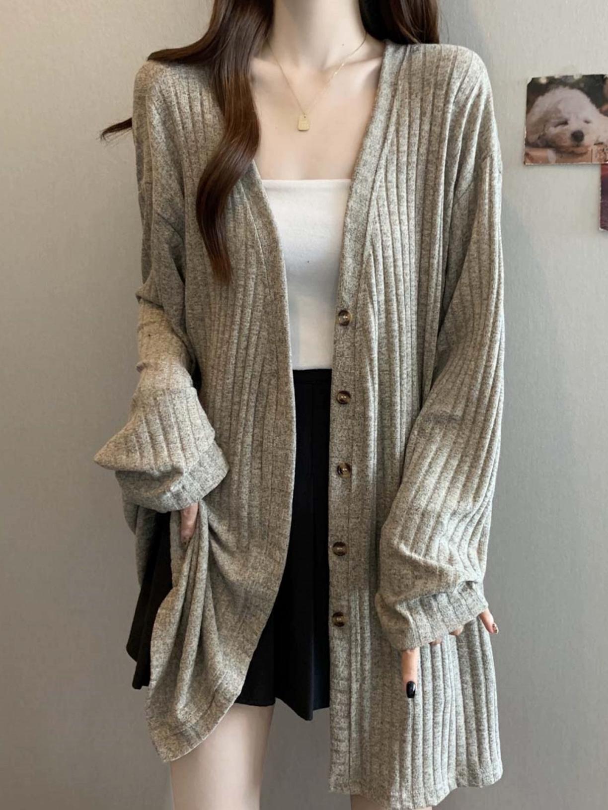 main_970042983889_0 V넥 니트 카디건 스웨터 재킷 여성 봄 가을 2025 대형 뚱뚱한 mm 느슨한 중간 길이 커버 엉덩이 탑 - 이미지 1