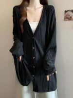 V넥 니트 카디건 스웨터 재킷 여성 봄 가을 2025 대형 뚱뚱한 mm 느슨한 중간 길이 커버 엉덩이 탑 - 이미지 3