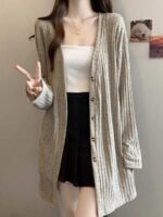 V넥 니트 카디건 스웨터 재킷 여성 봄 가을 2025 대형 뚱뚱한 mm 느슨한 중간 길이 커버 엉덩이 탑 - 이미지 4
