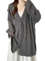 V넥 니트 카디건 스웨터 재킷 여성 봄 가을 2025 대형 뚱뚱한 mm 느슨한 중간 길이 커버 엉덩이 탑 - 이미지 5