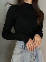 여성용 블랙 니트 바텀 셔츠 2025 가을 신상 슬림핏 하프 터틀넥 가을 스웨터 이너웨어 - 이미지 3