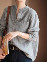 2025년 봄 가을 신상품 패션 심플 스트라이프 코튼 긴팔 셔츠 여성용 루즈 슬림 기질 캐주얼 상의