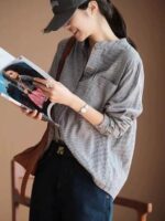 2025년 봄 가을 신상품 패션 심플 스트라이프 코튼 긴팔 셔츠 여성용 루즈 슬림 기질 캐주얼 상의 - 이미지 3