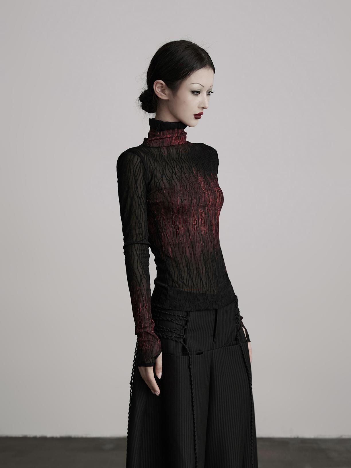 main_974850682040_0 INDULGE 백년의 고독 · 핸드페인팅 그라데이션 혈관 레이스 니트 바텀 티셔츠 가을 긴팔 탑 - 이미지 1