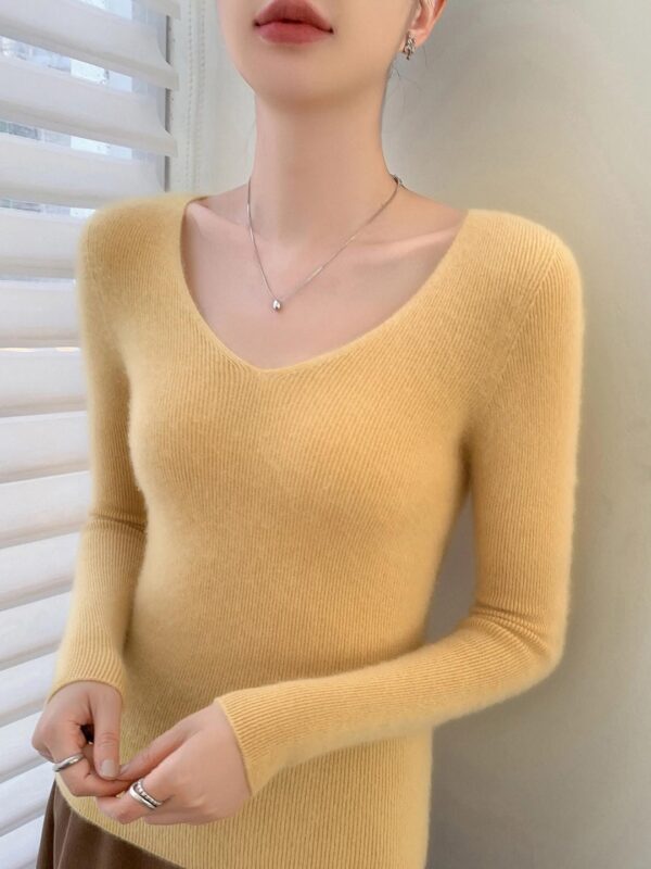 가을, 겨울 100% 순수 캐시미어 스웨터 여성용 V넥 드로스트링 슬림핏 스웨터 니트 바텀 심리스 원피스 탑