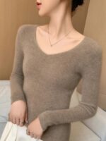 가을, 겨울 100% 순수 캐시미어 스웨터 여성용 V넥 드로스트링 슬림핏 스웨터 니트 바텀 심리스 원피스 탑 - 이미지 2