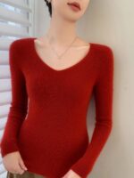 가을, 겨울 100% 순수 캐시미어 스웨터 여성용 V넥 드로스트링 슬림핏 스웨터 니트 바텀 심리스 원피스 탑 - 이미지 3