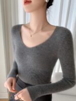 가을, 겨울 100% 순수 캐시미어 스웨터 여성용 V넥 드로스트링 슬림핏 스웨터 니트 바텀 심리스 원피스 탑 - 이미지 4