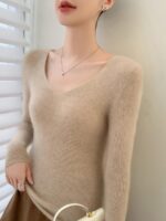 가을, 겨울 100% 순수 캐시미어 스웨터 여성용 V넥 드로스트링 슬림핏 스웨터 니트 바텀 심리스 원피스 탑 - 이미지 5