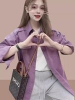 2025년 초봄 가을 신상품 여성 컬러 데님 셔츠 루즈 캐주얼 재킷 올해 인기 아름다운 셔츠 - 이미지 4