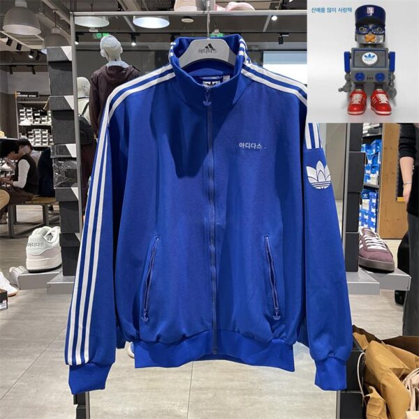 아디다스 아디다스 트레포일 남녀용 스포츠 재킷 레트로 쓰리 스트라이프 스탠드 칼라 자수 재킷 JL8395