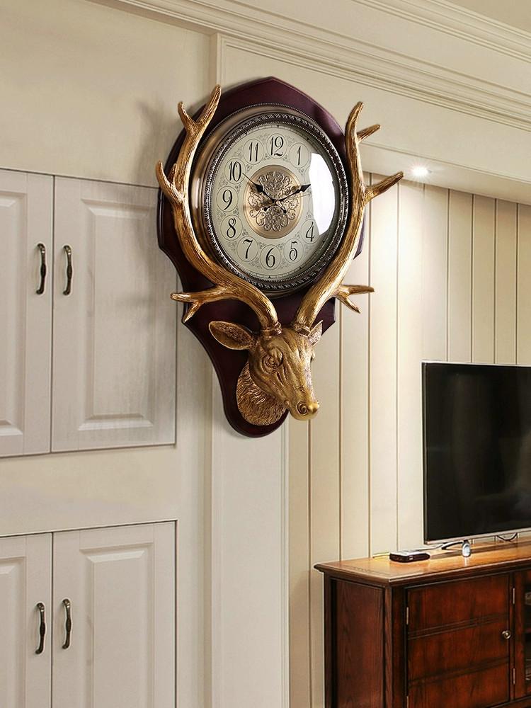 main_591309052877_0 2025 사슴머리 원목 벽시계 북유럽풍 창의적 거실 분위기 미국식 홈 신상 중국식 레트로 석영 시계 - 이미지 1