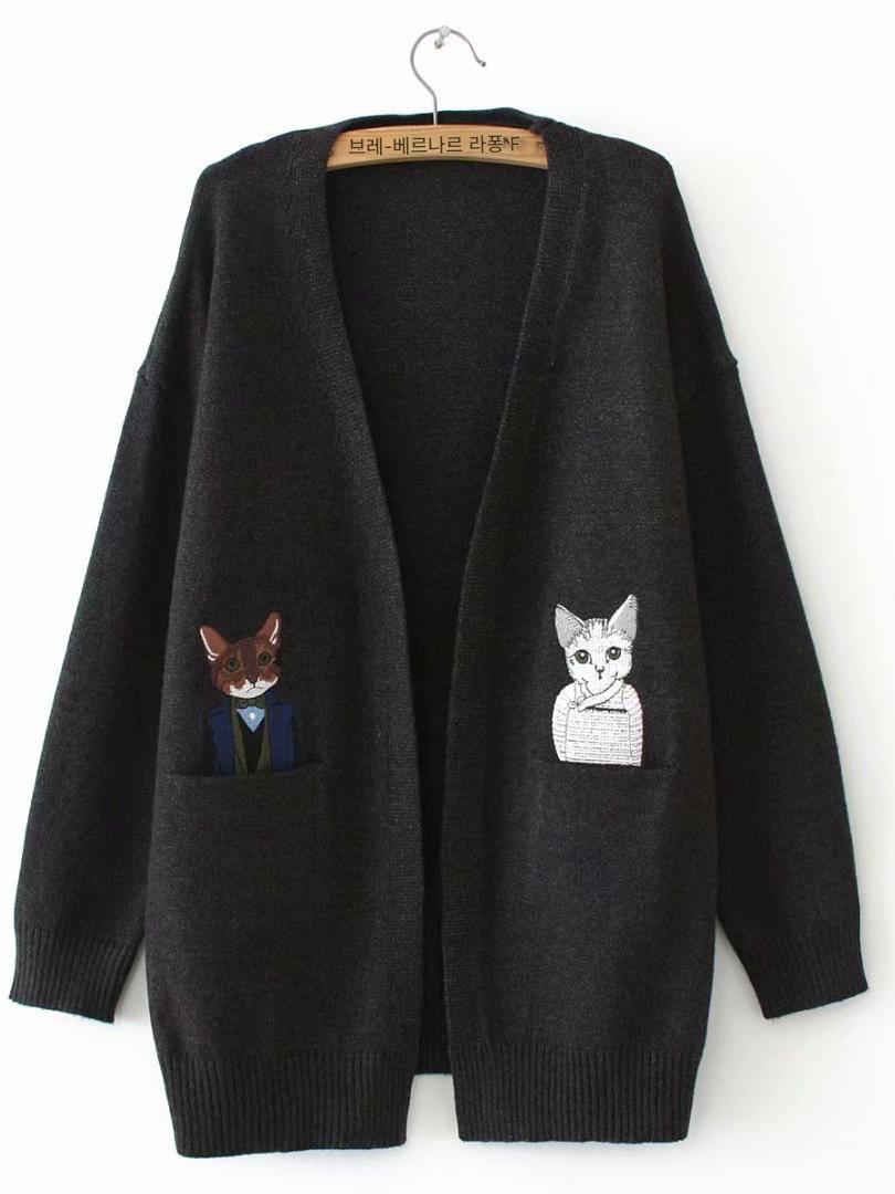 main_606140146752_0 해외무역 수출 막판 여성 의류 라벨컷 클리어런스, 유명 브랜드 클리어런스 상품, 포켓캣 자수 카디건, 루즈 스웨터 - 이미지 1