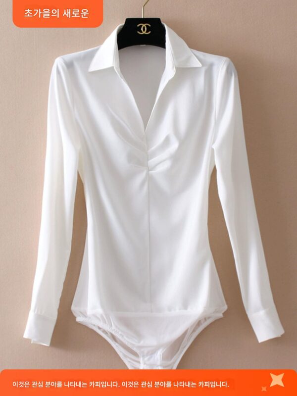 V넥 플리츠 새틴 쉬폰 셔츠 여성 광택 니치 바텀 원피스 셔츠 긴팔 흰색 기질 OL 새로운 스타일