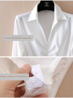 V넥 플리츠 새틴 쉬폰 셔츠 여성 광택 니치 바텀 원피스 셔츠 긴팔 흰색 기질 OL 새로운 스타일 - 이미지 2