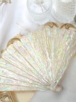 딩핀 빈티지 수제 진주조개 부채 한복 사진 소품 모조 앤틱 진주조개 접이식 부채