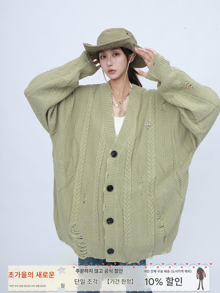 main_680059310230_0 여성 가을 겨울용 미국 레트로 오버사이즈 중간 길이 니트 카디건 스웨터 코트 레이지 스타일 홀 루즈 트렌드 - 이미지 1