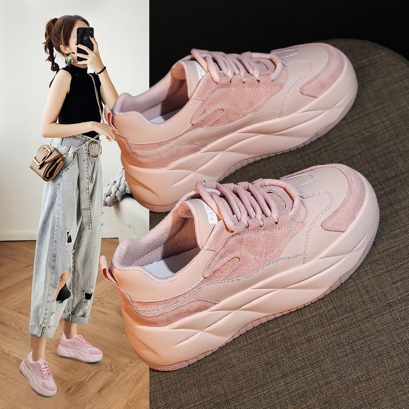 main_688231835207_0 여성용 내부 키 증가 흰색 신발 2024년 신상품 봄 가을 통기성 핑크 두꺼운 밑창 캐주얼 신발 올매치 아빠 신발로 발이 작아 보여요 - 이미지 1