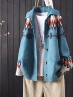 니트 가디건 여성 2025 봄/가을 신상품 라펠 버튼 자카드 대형 포켓 루즈 패션 숏 스웨터 재킷 - 이미지 2