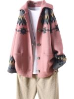 니트 가디건 여성 2025 봄/가을 신상품 라펠 버튼 자카드 대형 포켓 루즈 패션 숏 스웨터 재킷 - 이미지 3