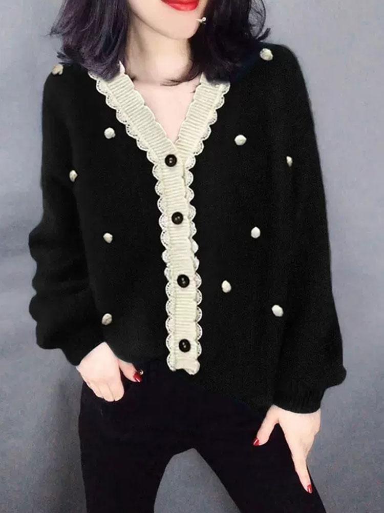 main_736933040500_0 유럽 상품 스웨터 재킷 여성 2025 가을 신상 블랙 V넥 세련된 나무 귀 가장자리 오래된 돈 스타일 니트 카디건 - 이미지 1