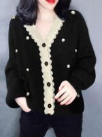 유럽 ​​상품 스웨터 재킷 여성 2025 가을 신상 블랙 V넥 세련된 나무 귀 가장자리 오래된 돈 스타일 니트 카디건 - 이미지 3