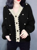 유럽 ​​상품 스웨터 재킷 여성 2025 가을 신상 블랙 V넥 세련된 나무 귀 가장자리 오래된 돈 스타일 니트 카디건 - 이미지 4