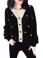 유럽 ​​상품 스웨터 재킷 여성 2025 가을 신상 블랙 V넥 세련된 나무 귀 가장자리 오래된 돈 스타일 니트 카디건 - 이미지 5