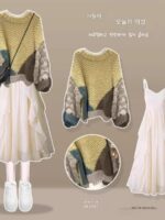 니치 디자인 니트 풀오버 스웨터 여성 2023 가을 신상품 루즈한 레이지 스타일 컬러 매칭 두꺼운 울 탑 - 이미지 3