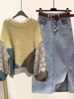 니치 디자인 니트 풀오버 스웨터 여성 2023 가을 신상품 루즈한 레이지 스타일 컬러 매칭 두꺼운 울 탑 - 이미지 4