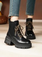 부츠 여성 2025 새로운 스타일 정품 가죽 겨울 두꺼운 굽 플러스 벨벳 마틴 부츠 두꺼운 바닥 짧은 부츠 울 하이힐 큰 면 여성 신발 - 이미지 2