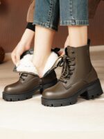 부츠 여성 2025 새로운 스타일 정품 가죽 겨울 두꺼운 굽 플러스 벨벳 마틴 부츠 두꺼운 바닥 짧은 부츠 울 하이힐 큰 면 여성 신발 - 이미지 4