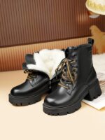 부츠 여성 2025 새로운 스타일 정품 가죽 겨울 두꺼운 굽 플러스 벨벳 마틴 부츠 두꺼운 바닥 짧은 부츠 울 하이힐 큰 면 여성 신발 - 이미지 5